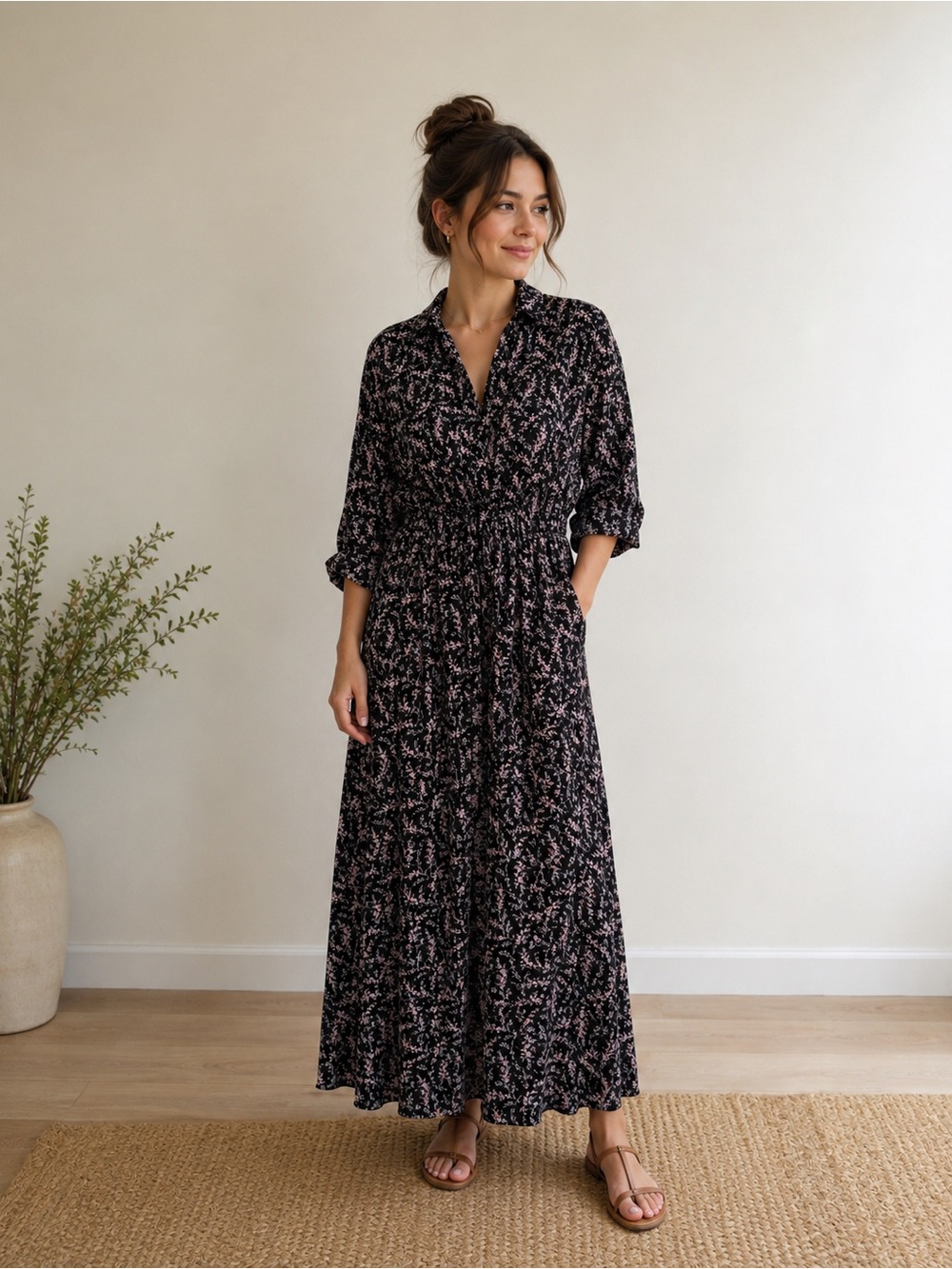 Black and Pink Floral Maxi Dress with V-Neck and Drawstring Waist
